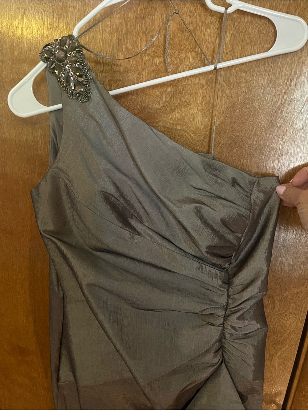 Sears One-Shoulder Metallic Taupe Sheath Dress - Picture 4 of 14